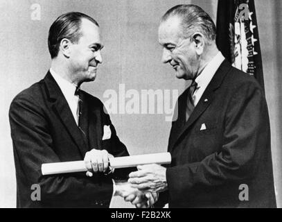 President Lyndon Johnson congratulates Richard Helms after he was sworn in as CIA Director. June 30, 1966. Helms served in the WW2 OSS (Office of Strategic Services) and was in CIA in the Truman, Eisenhower, and Kennedy Administrations. (CSU 2015 7 305) Stock Photo
