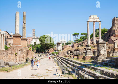 Looking up the Roman Forum from the Via Sacra towards the Temple of Castor and Pollux  Rome Italy Roma Lazio  Italy EU Europe Stock Photo