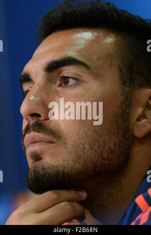 Athens, Greece. 15th Sep, 2015. Piraeus's goalkeeper Roberto attends a press conference of the Greek soccer club Olympiakos Piraeus in Athens, Greece, 15 September 2015. Olympiakos Piraeus will face FC Bayern Munich in the first Champions League group match 16 September 2015. PHOTO: ANDREAS GEBERT/dpa/Alamy Live News Stock Photo