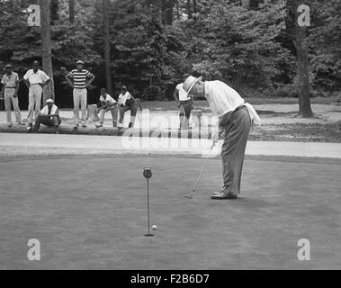President Dwight Eisenhower on a putting green of a golf course. August 1957. African American caddies watch from the distance. Stock Photo
