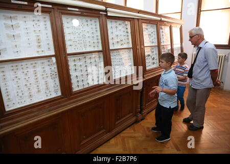 Sarajevo, Bosnia-Herzegovina. 15th Sep, 2015. A grandfather and his grandsons look at museum exhibition at the National Museum in Sarajevo, Bosnia-Herzegovina, on Sept. 15, 2015. National Museum in Sarajevo, which is closed in October, 2012 due to financial problems, reopened on Tuesday. © Haris Memija/Xinhua/Alamy Live News Stock Photo