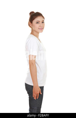 young beautiful female with t-shirt (side view) isolated on white background Stock Photo