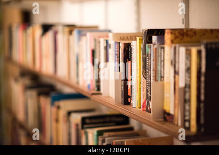 Three shelves of well read paperback books in a Kindle free study Stock Photo