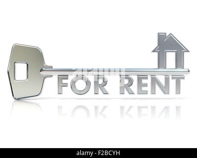 Door key FOR RENT sign. 3D render illustration isolated on white background Stock Photo
