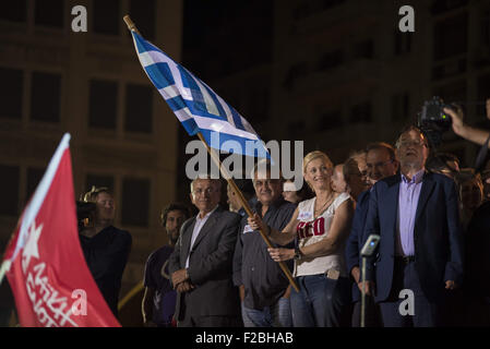 Athens, Greece. 15th Sep, 2015. Candidates runing with Popular Unity wave to supporters during the main pre-election rally. Popular Unity was founded by SYRIZA MPs who left the party opposing to the bailout deal Alexis Tsipras signed with the country's creditors. Credit:  Nikolas Georgiou/ZUMA Wire/Alamy Live News Stock Photo