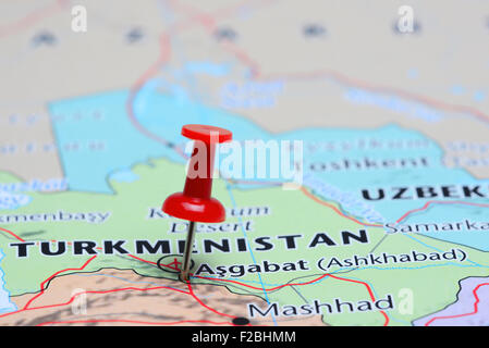 Ashkhabad pinned on a map of Asia Stock Photo