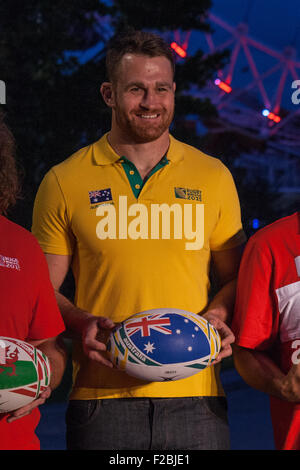 London, UK. 15th September 2015. James Horwill (Australia) during the launch of the Rugby World Cup 2015 as the event takes over the Coca-Cola London Eye. The six week tournament hosted in England and Cardiff between September 18 and October 31 with 20 teams competing to win the coveted Webb Ellis cup that has been on a Trophy Tour around the UK for 100 days. Credit: Elsie Kibue  / Alamy Live News Stock Photo
