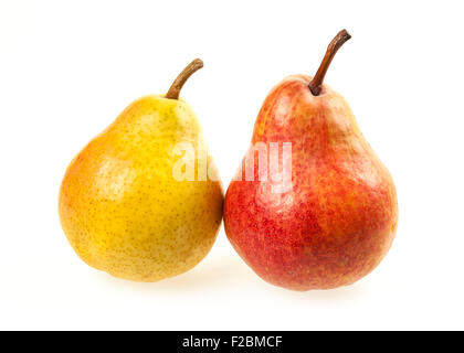 Two ripe pears, yellow and red, isolated on white background Stock Photo