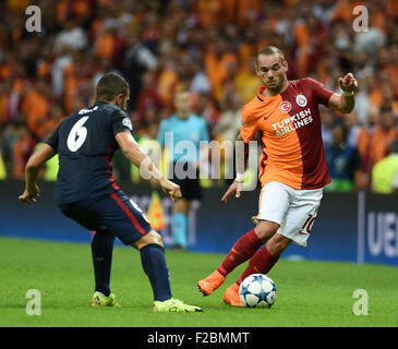 (150916) -- ISTANBUL, Sept. 16, 2015(Xinhua) -- Wesley Sneijder (R) of Turkey's Galatasaray controls the ball during the UEFA Champions League Group C match against Spain's Madrid Athletic in Istanbul, Turkey, on Sept. 15, 2015. Madrid Athletic won 2-0. (Xinhua/He Canling) Stock Photo