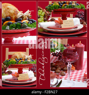 Red and white theme festive Thanksgiving table collage with place setting, wine glass, candles, Roast Turkey and sample text. Stock Photo