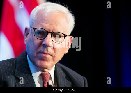 Washinton DC, USA. 15th Sep, 2015. David Rubenstein, co-CEO of The Carlyle Group speaks during an Economic Club of Washington event in downtown Washington, D.C., on September 15, 2015. Credit:  Kristoffer Tripplaar/Alamy Live News