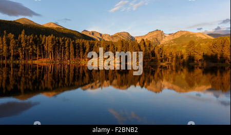 Sprague Lake at Sunrise, Rocky Mountain National Park, Colorado Stock Photo