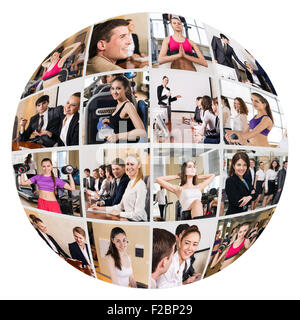 Collage of diverse business people in sphere over white background Stock Photo