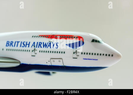 Front of British Airways Boeing 747 with wavy red white and blue union jack pattern and BA logo. 1/200 metal scale model on plain white background. Stock Photo