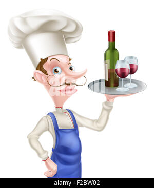 An illustration of a cartoon chef character holding a tray with a bottle of wine and two wine glasses Stock Photo