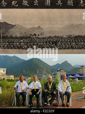 Tiantai, Zhejiang, China. 16th September, 2015. Combination photo shows a departure ceremony on Oct. 10, 1939 for the Volunteer Corps against Japanese aggression of Tiantai County, east China's Zhejiang Province (upper) and the last four surviving members of the Volunteer Corps, Zhang Chongyou, Zhang Zhinuan, Jin Honglin and Yao Renyan, with an average age of 94, return to the venue to honor the memory of their comrades in arms on Sept. 13, 2015 (lower). In the summer of 1939, Japanese invading troops attacked coastal areas of Zhejiang. Credit:  Xinhua/Alamy Live News Stock Photo