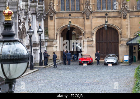 Houses of Parliament, London, U.K. 15th September 2015. Classic Ferraris donated to the Royal National Lifeboat Institution (RNLI) on show at the Houses of Parliament . Classic car auctioneers, H&H Classics, instructed to auction Ferraris from the estate of Mr Richard Colton, a UK V12 Ferrari collector.  The UK businessman bequeathed the proceeds from the sale of the Ferraris, a 1960 Ferrari 250 GT SWB in red and a silver 1967 Ferrari 275 GTB/4, to the RNLI. The sale will take place at the Imperial War Museum on the 14th October 2015.  Credit:  Mark Richardson/Alamy Live News Stock Photo