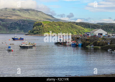 View onto Portree harbor, with ships and boats, Isle of Skye, Scotland Stock Photo