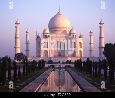 View of the Taj Mahal in the early morning light (built by Mughal Emperor Shah Jahan in memory of his wife, Mumtaz Mahal), Agra, Stock Photo