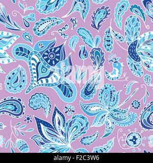 Pink background with blue ethnic eastern indian paisley ornaments Stock Vector