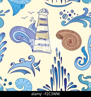 Seamless travel doodle style background with creative water waves, drops and lighthouse for nursery textile and wallpaper Stock Vector