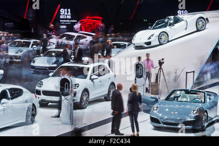 Frankfurt, Germany. 16th Sep, 2015. Visitors and journalists walk around at the exhibition stand of Porsche at the International Motor Show IAA in Frankfurt/Main, 16 September 2015. Around 1,000 exhibitors from 40 countries will present their latest products at the world's leading motor show, which will run from 17 to 27 September 2015. Credit:  dpa picture alliance/Alamy Live News Stock Photo