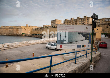 Malta, 28 December 2014  Along the West shore of the old city of valletta. European Union Fund financed project in St Elmo Bay. Stock Photo
