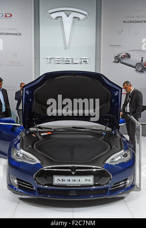 Frankfurt, Germany. 16th Sep, 2015. A Tesla Model S is on display at the International Motor Show IAA in Frankfurt/Main, 16 September 2015. Around 1,000 exhibitors from 40 countries will present their latest products at the world's leading motor show, which will run from 17 to 27 September 2015. Credit:  dpa picture alliance/Alamy Live News Stock Photo