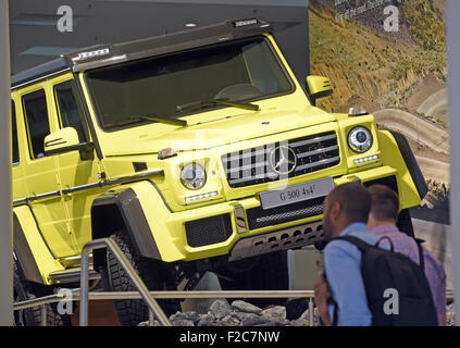 Frankfurt, Germany. 16th Sep, 2015. A Mercedes-Benz G 500 4x4 2 is on display at the International Motor Show IAA in Frankfurt/Main, 16 September 2015. Around 1,000 exhibitors from 40 countries will present their latest products at the world's leading motor show, which will run from 17 to 27 September 2015. Credit:  dpa picture alliance/Alamy Live News Stock Photo