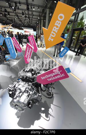 Frankfurt, Germany. 16th Sep, 2015. The turbo engine of a Smart is on display at the International Motor Show IAA in Frankfurt/Main, 16 September 2015. Around 1,000 exhibitors from 40 countries will present their latest products at the world's leading motor show, which will run from 17 to 27 September 2015. Credit:  dpa picture alliance/Alamy Live News Stock Photo