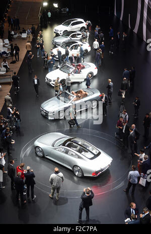 Frankfurt, Germany. 16th Sep, 2015. View of the Mercedes-Benz exhibition stand at the International Motor Show IAA in Frankfurt/Main, 16 September 2015. Around 1,000 exhibitors from 40 countries will present their latest products at the world's leading motor show, which will run from 17 to 27 September 2015. Credit:  dpa picture alliance/Alamy Live News Stock Photo