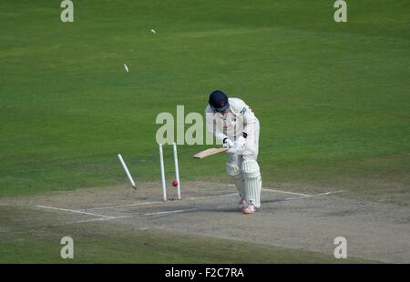 Manchester, UK  16th September 2015 Tom Bailey (Lancashire) is bowled first ball by  Sam Curran (Surrey) for his fifth wicket on the third day of  their top of the table match against Lancashire at Emirates Old Trafford. County Cricket  Lancashire v Surrey   Manchester, UK Credit:  John Fryer/Alamy Live News Stock Photo