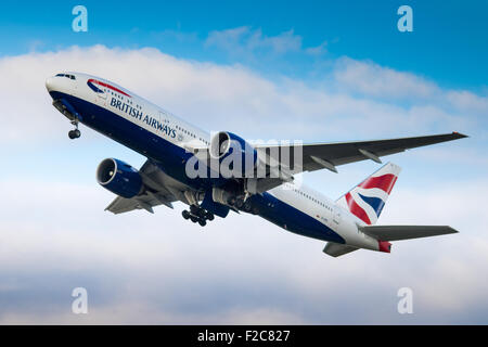 A Boeing 777 takes off at London's Heathrow Airport (LHR / EGLL). Stock Photo