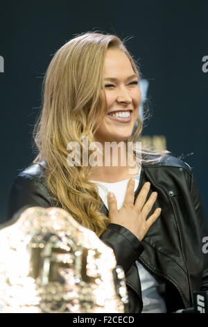 Melbourne, Australia. September 16, 2015. UFC bantamweight champion Ronda Rousey reacts at a press conference ahead of UFC 193 to be held at Etihad Stadium in Melbourne, Australia on the November 15, 2015. UFC 193 will headline with a fight with female fighters and is set to have the largest live audience in the sport's history with an estimated attendance of 70,000. Credit:  Cal Sport Media/Alamy Live News Stock Photo