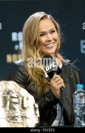 Melbourne, Australia. September 16, 2015. UFC bantamweight champion Ronda Rousey speaks at a press conference ahead of UFC 193 to be held at Etihad Stadium in Melbourne, Australia on the November 15, 2015. UFC 193 will headline with a fight with female fighters and is set to have the largest live audience in the sport's history with an estimated attendance of 70,000. Credit:  Cal Sport Media/Alamy Live News Stock Photo