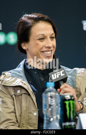 Melbourne, Australia. September 16, 2015. UFC strawweight champion Joanna Jedrzejczyk speaks at a press conference ahead of UFC 193 to be held at Etihad Stadium in Melbourne, Australia on the November 15, 2015. UFC 193 will headline with a fight with female fighters and is set to have the largest live audience in the sport's history with an estimated attendance of 70,000. Credit:  Cal Sport Media/Alamy Live News Stock Photo