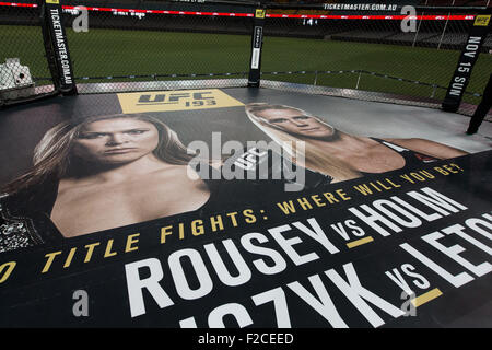 Melbourne, Australia. September 16, 2015. A view of the Octagon at a press conference ahead of UFC 193 to be held at Etihad Stadium in Melbourne, Australia on the November 15, 2015. UFC 193 will headline with a fight with female fighters and is set to have the largest live audience in the sport's history with an estimated attendance of 70,000. Credit:  Cal Sport Media/Alamy Live News Stock Photo