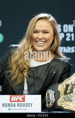 Melbourne, Australia. September 16, 2015. UFC bantamweight champion Ronda Rousey reacts at a press conference ahead of UFC 193 to be held at Etihad Stadium in Melbourne, Australia on the November 15, 2015. UFC 193 will headline with a fight with female fighters and is set to have the largest live audience in the sport's history with an estimated attendance of 70,000. Credit:  Cal Sport Media/Alamy Live News Stock Photo