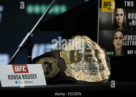 Melbourne, Australia. September 16, 2015. The champion belt of bantamweight champion Ronda Rousey at a press conference ahead of UFC 193 to be held at Etihad Stadium in Melbourne, Australia on the November 15, 2015. UFC 193 will headline with a fight with female fighters and is set to have the largest live audience in the sport's history with an estimated attendance of 70,000. Credit:  Cal Sport Media/Alamy Live News Stock Photo