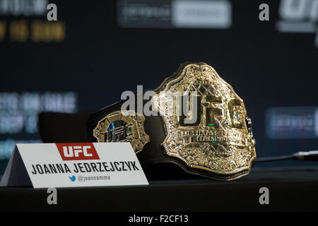 Melbourne, Australia. September 16, 2015. The champion belt of strawweight champion Joanna Jedrzejczyk a press conference ahead of UFC 193 to be held at Etihad Stadium in Melbourne, Australia on the November 15, 2015. UFC 193 will headline with a fight with female fighters and is set to have the largest live audience in the sport's history with an estimated attendance of 70,000. Credit:  Cal Sport Media/Alamy Live News Stock Photo