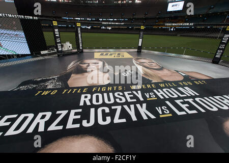 Melbourne, Australia. September 16, 2015. A view of the Octagon at a press conference ahead of UFC 193 to be held at Etihad Stadium in Melbourne, Australia on the November 15, 2015. UFC 193 will headline with a fight with female fighters and is set to have the largest live audience in the sport's history with an estimated attendance of 70,000. Credit:  Cal Sport Media/Alamy Live News Stock Photo