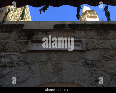 The Omar Mosque seen from the arch for the Holy Sepulchre, Sepulcher, Jerusalem, Old City, Israel Stock Photo