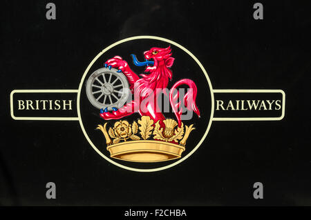 British Railways logo (1956-1965) on the  tender of steam locomotive 63395, NYMR, Pickering, Yorkshire, England, UK Stock Photo