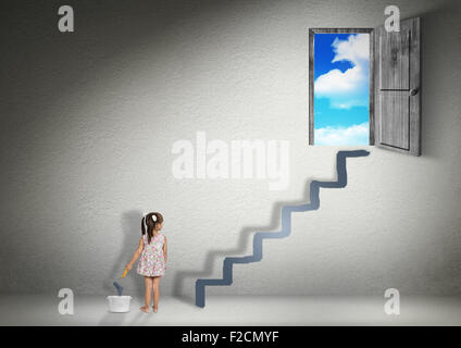 conquer concept, child girl draws stairs for exit Stock Photo