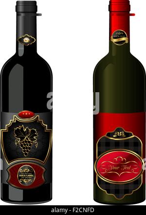 Illustration of wine bottles with attached vintage labels Stock Vector