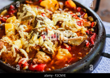 Typical Bulgarian Food Meat with cheese on clay try Bulgarian traditional 