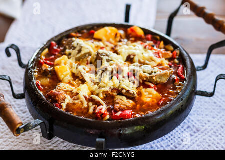 Typical Bulgarian Food Meat with cheese on clay try Bulgarian traditional 