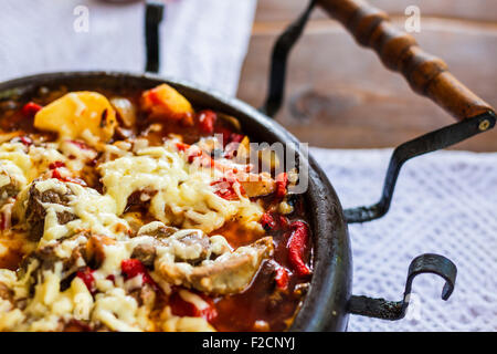 Typical Bulgarian Food Meat with cheese on clay try Bulgarian traditional 