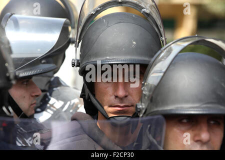 Beirut, Beirut, Lebanon. 16th Sep, 2015. Riot police stand guard as Lebanese activists from 'You Stink' campaign protest against today s session of a dialogue of top political figures, accused by the group of failing to resolve a crisis over rubbish building up in the streets, in downtown Beirut on September 16, 2015 Credit:  Marwan Tahtah/APA Images/ZUMA Wire/Alamy Live News Stock Photo