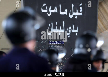 Beirut, Beirut, Lebanon. 16th Sep, 2015. Riot police stand guard as Lebanese activists from 'You Stink' campaign protest against today s session of a dialogue of top political figures, accused by the group of failing to resolve a crisis over rubbish building up in the streets, in downtown Beirut on September 16, 2015 Credit:  Marwan Tahtah/APA Images/ZUMA Wire/Alamy Live News Stock Photo